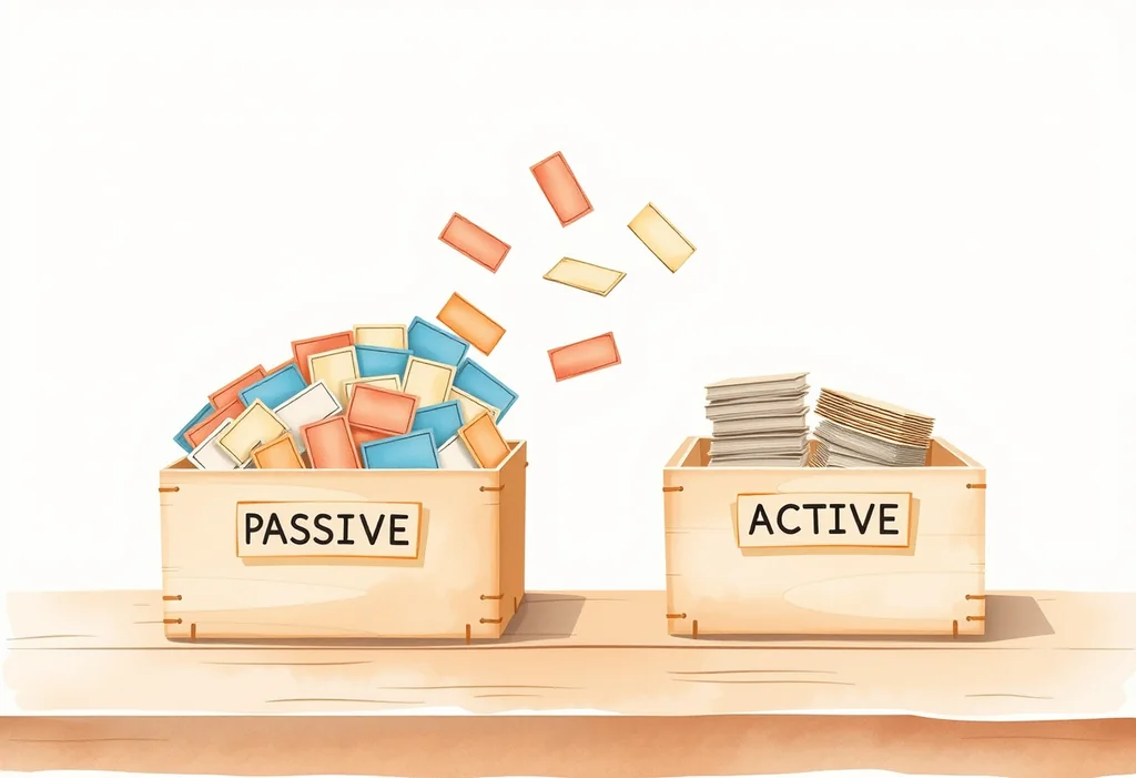 「PASSIVE」と書かれた大きな木箱から色とりどりの単語カードが溢れ出し、隣の小さな「ACTIVE」と書かれた箱へ少しずつ移されていく水彩画