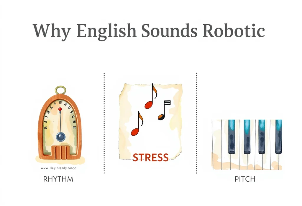 3つの原因「RHYTHM」「STRESS」「PITCH」をパワポ風に並べた水彩スライド。メトロノーム・大小の音符・ピアノ鍵盤がそれぞれの要素を象徴する